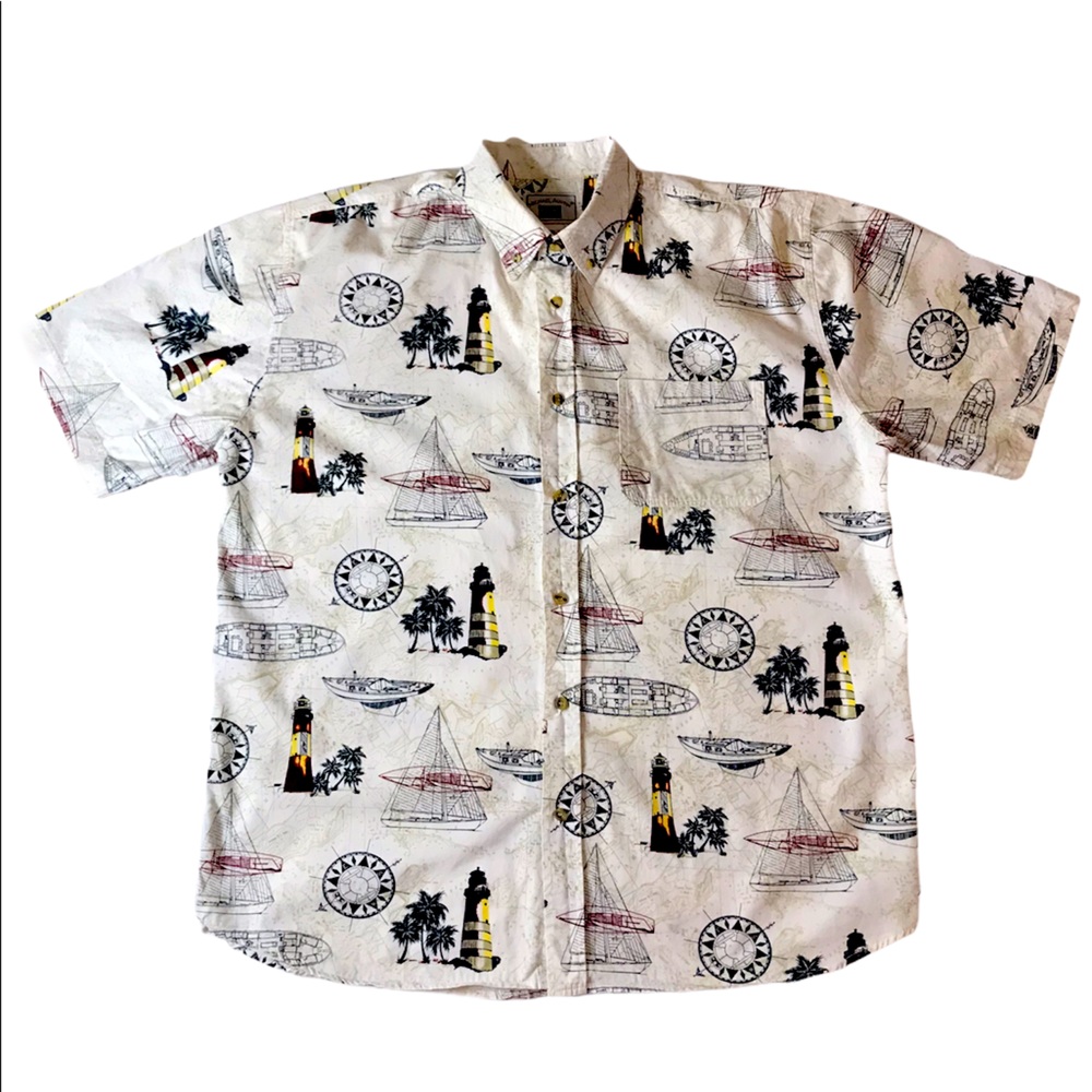 Michael Austin boat print Ivory Short Sleeve Shirt